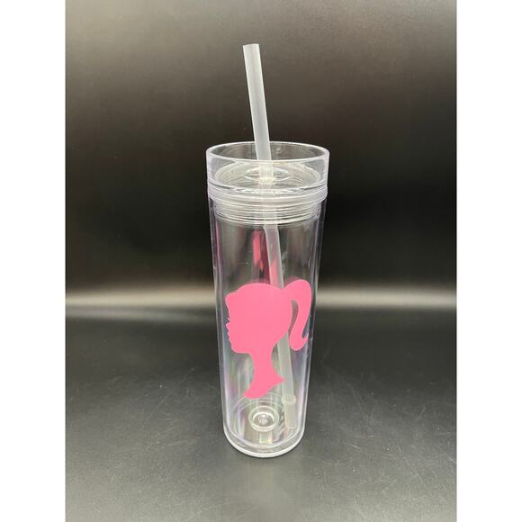 Strata Pink Barbie Head Silhouette Double Wall Tumbler Cup with Straw 16 oz - Picture 1 of 6